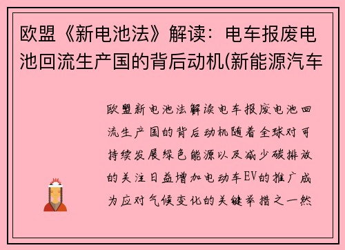 欧盟《新电池法》解读：电车报废电池回流生产国的背后动机(新能源汽车动力蓄电池回收利用溯源管理暂行规定)