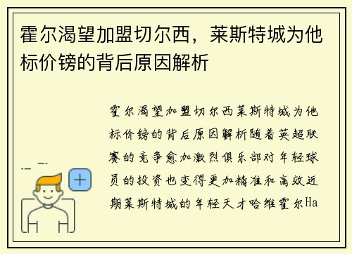 霍尔渴望加盟切尔西，莱斯特城为他标价镑的背后原因解析