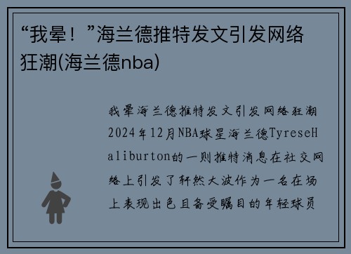 “我晕！”海兰德推特发文引发网络狂潮(海兰德nba)